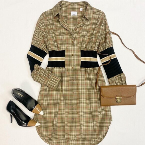 Burberry - Rib Knit Panel Check Cotton Poplin Shirt Dress - Size 36 - Picture 8 of 16